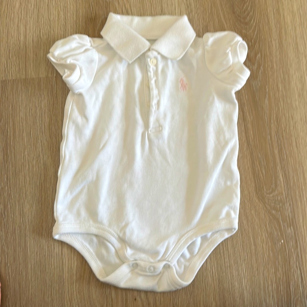Ralph Lauren white Cotton Mesh Polo Bodysuit with pale pink embroidered logo